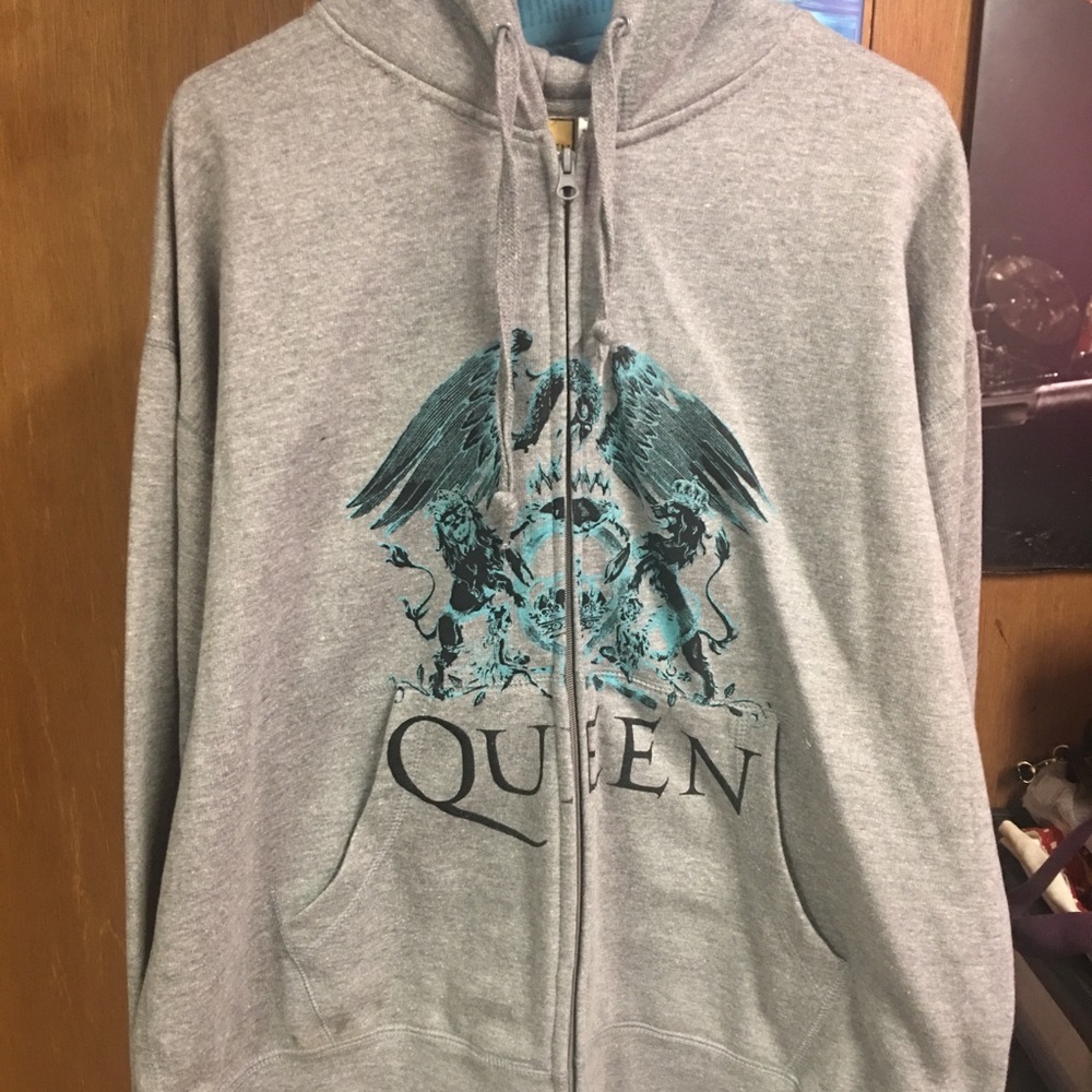 Queen sweatshirt jacket with hood.